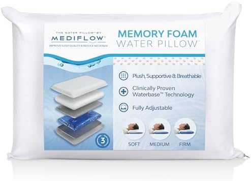Mediflow Water Pillow with Memory Foam — Adjustable Waterbase; One-Piece Foam; Clinically Shown to Reduce Neck Pain; Deep, Uninterrupted Sleep; Side/Back/Stomach Sleepers, Standard/Queen (Single Pack) by TheWaterPillowbyMediflow