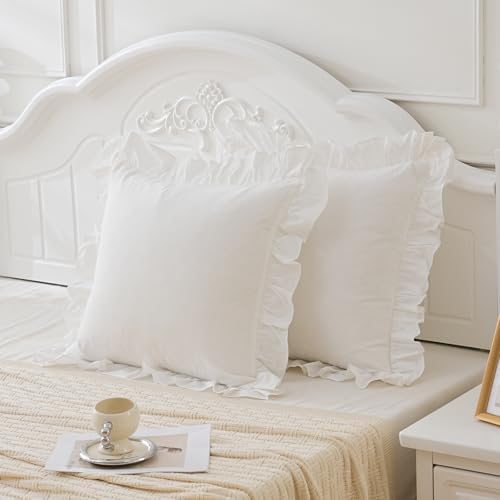 26"x26"Vintage Off White Ruffle Euro Shams Shabby Farmhouse Pillow Cover - Image 2