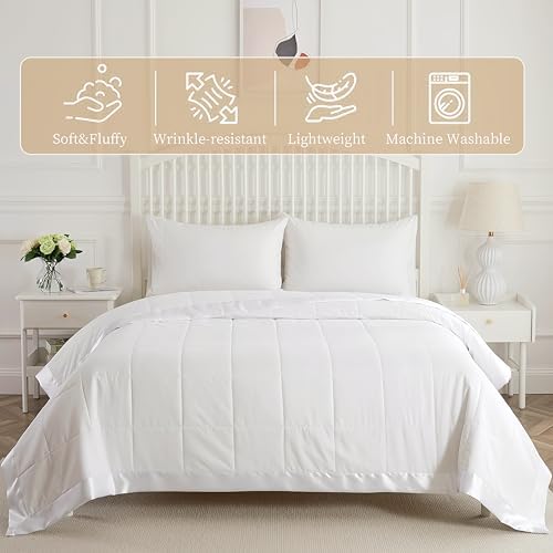 COMFLIVE Twin Down Alternative Blanket - Lightweight Satin Trim, White - Image 2