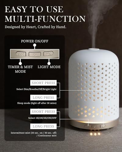 Essential Oil Diffuser - 2.4 MHz Ultrasonic Ceramic Diffuser with Pulse/Continuous Mist & 3 Night Light Modes, Waterless Auto-Off, Silent Aromatherapy Diffuser for Home, Office, Gifting & Home Decor - Image 3