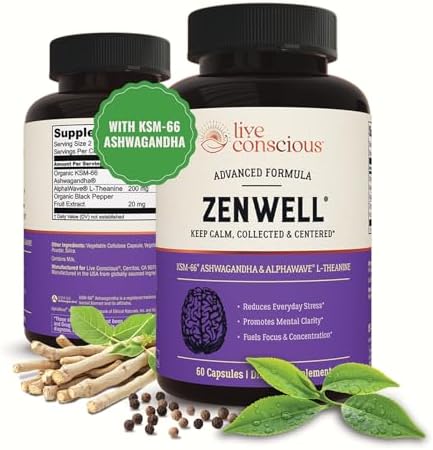 Live Conscious KSM-66 Ashwagandha Supplement w/L Theanine & AlphaWave - ZenWell Everyday Stress Relief, Cognitive, Brain Health - Ashwagandha for Men & Women - 60 Capsules by LiveConscious