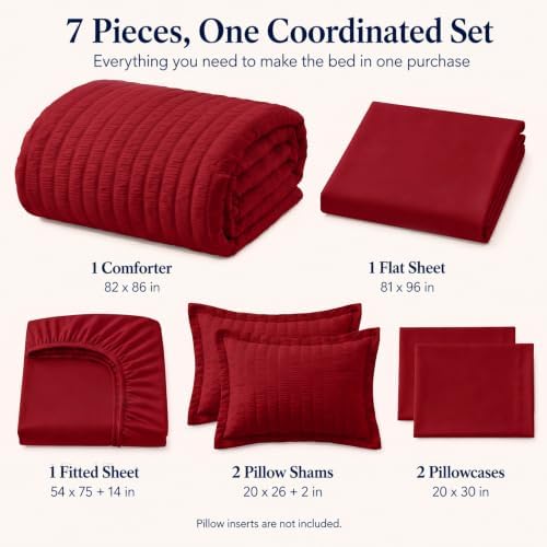 CozyLux Full Size Comforter Sets, 7 Pieces Dark Red Seersucker Bed in a Bag - Image 2