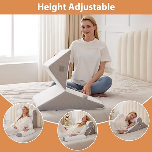BIEEZZK 4PCS Wedge Pillow Set for After Surgery, Back Pillow for Bed Sitting up, 9&12inch Adjustable Memory Foam Bed Wedges, Pillow Wedge for Acid Reflux, Back Pain Relief, Snoring, White/Grey - Image 6