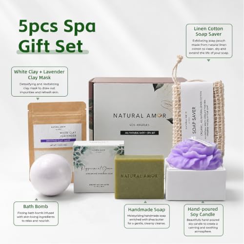 Natural Amor Spa Gift Set for Women, Peppermint Bath Gift for her, 5pc Bath & Body Gift Including Soap Bar, Candle, Bath Bomb - Image 2