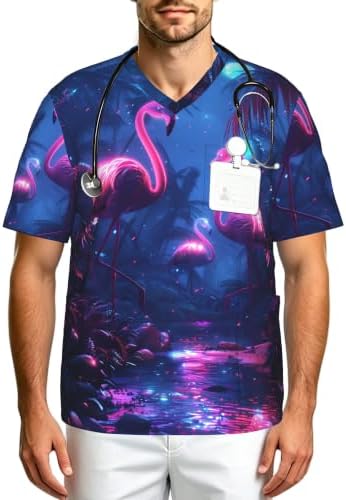 Men's Scrub Top,V-Neck Spill Wrinkle Resistant,3 Pockets-Flamingo Paradise Neon Night (1) by Unknown