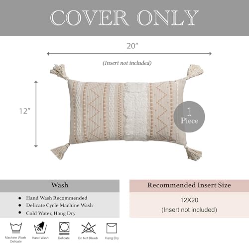 BlissBlush 12x20 Lumbar Pillow Cover, Cream Neutral Beige Rectangular Decorative Cushion Cover, Boho Accent Pillowcase with Tufted Details and Tassels for Couch Sofa Living Room (Cover Only) - Image 6
