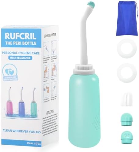 Peri Bottle Postpartum, RUFCRIL 500ml Bidet Bottle, Upside Down Peri Bottle, Boilable TPE, Travel Bag, for Perineal Care, Hemorrhoid Care, Feminine Cleansing & Baby (Green) by RUFCRIL