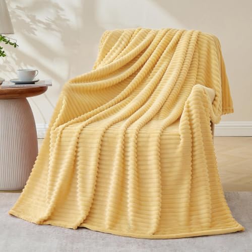 Bnuitland Light Yellow Fleece Throw Blanket for Couch, 300GSM Soft Warm Cozy Fluffy Throw for Adults & Kids, Stripe Pattern 50"x60", All Season Sofa Bed Blanket for Home Decor by BNUITLAND