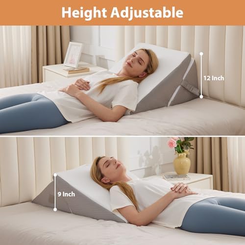 BIEEZZK Wedge Pillow, Adjustable Back Pillow for Sleeping, 9&12“ Bed Wedge Pillow Set for After Surgery, Triangle Memory Foam Pillow Wedges for Headboard, Acid Reflux, Snoring, GERD, White/Grey - Image 4