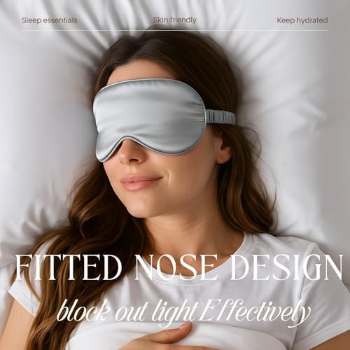Silver Sleep Eye Mask, Blackout Silk Satin Travel Blindfold Set Women - Image 3