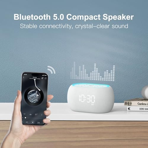 ANJANK White Noise Sound Machine Alarm Clock with Hi-Fi Bluetooth Speaker, 21 Soothing Sounds/7 Night Lights, 0-100% Dimmer/Sleep Timer/Volume Control, Soother for Adults Kids Sleeping, Bedroom, White - Image 5