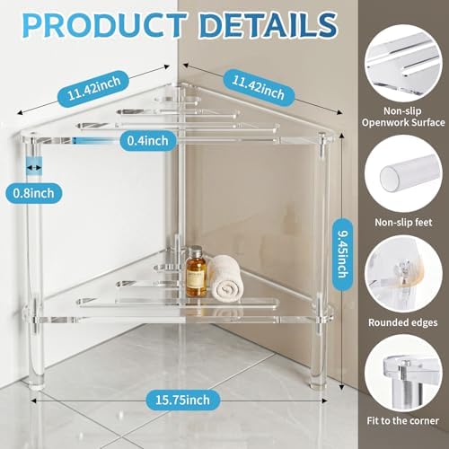 Acrylic Corner Shower Stool for Shaving Legs - Clear Triangle Shower Stool with 2-Tier Storage Shelf - Modern Bathroom Step Stool - Includes 1 Bath Sponge & 2 Shower Loofahs for Exfoliation - Image 2