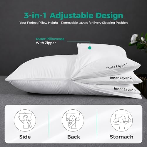 Three Geese Adjustable Layer Goose Feather Pillow,Assembled Bed Pillow, Soft Cotton Cover,Good for Side and Back Stomach Sleeper, Standard/Queen Size,Packaging Include 1 Pillow - Image 2