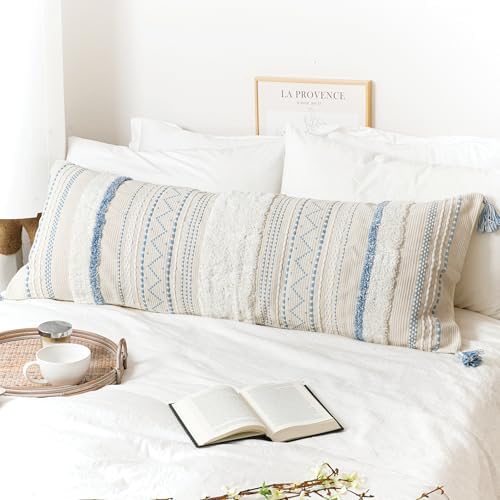 BlissBlush 20X54 Oversized Large Lumbar Pillow Cover for Bed, Rectangular Long Decorative Throw Pillowcase, Cotton Boho Accent Cushion with Blue Tufted Pattern and Tassels, Cream Neutral (Cover Only) by BlissBlush
