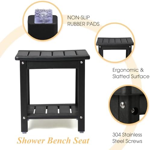 Apolimi Shower Chair,HDPE Shower Bench for Inside Shower to Sit On It, Shower Stool with Storage Shelf 2-Tier Spa Stool for Elderly,Water Resistant & Non-Slip Design Shower Seat Bench (Black S Size) - Image 5