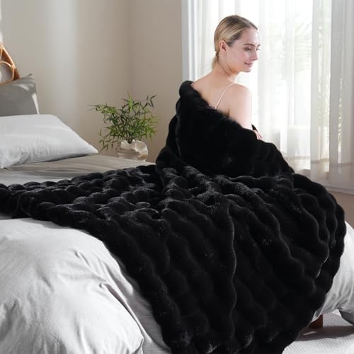 BENVWE Faux Fur Throw Blanket for Couch Bed - Fluffy Soft Thick Bubble Blanket for Living Room Home Decor - Fathers Day Birthday Gifts for Women Men, Black, 60" x 80" - Image 2