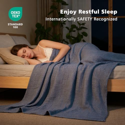 EMME Cotton Muslin Super King Blanket 4 Layer，Oversized Gauze Bedspread Coverlet, Soft Lightweight Breathable Layered Blanket for All Season (Heather Navy, 120"x94") - Image 5