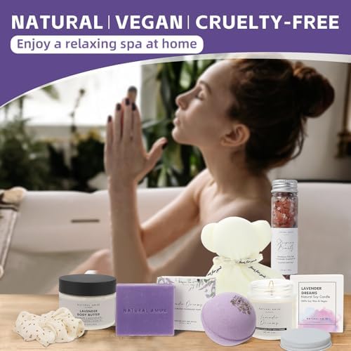 Natural Amor Lavender Spa Gifts for Women,7pcs Self Care Box Including Handmade Soap Bar, Candle, Bath Butter - Image 4