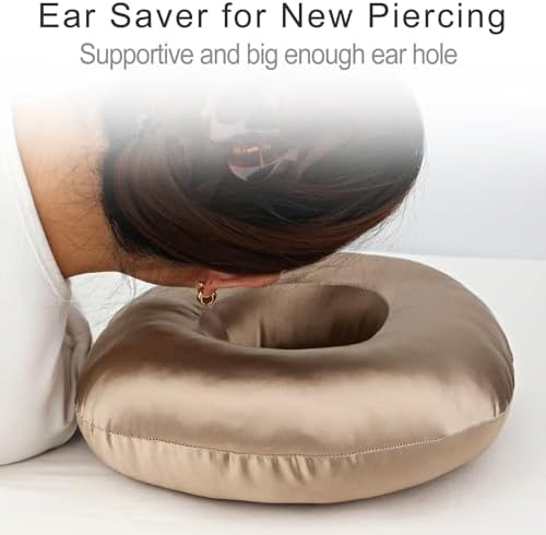 Silky Satin Piercing Pillow Ear Pillows Donut with Hole for Ear Pain CNH Piercing Pain Relief Sleeping Pressure Sore Side Sleepers Smooth Cooling Ear Guard Protector, Taupe - Image 2