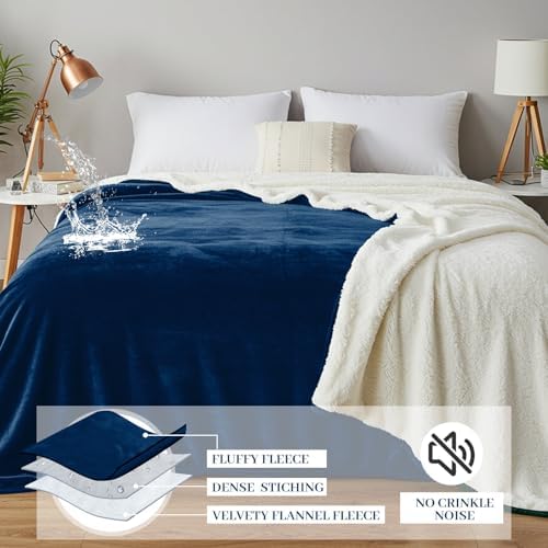 Tisancy King Size Waterproof Blanket for Bed Couch, 80'' x 80'' Double Side Leakproof Reversible Sherpa Flannel Fleece 3-Layer Lightweight Blanket, Absorbs 70oz(Navy Blue/White), Machine Washable - Image 4