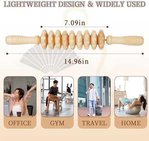 Liitrton Manual Wooden Massage Roller Stick for Muscle Relief, 9‑Wheel - Image 2