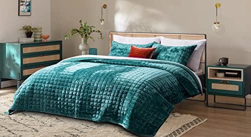 RECYCO Channel Box Stitch Velvet Quilt Set, Full Queen Size, Teal - Image 3