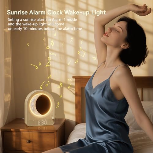 blonbar Sunrise Alarm Clocks for Bedrooms, Stepless Dimmable Moon Lamp Dual Alarm Clock with 12Levels Volume for Heavy Sleepers, 10 Natural Sounds with 30/60/90mins Timer, Gifts for Women - Image 4