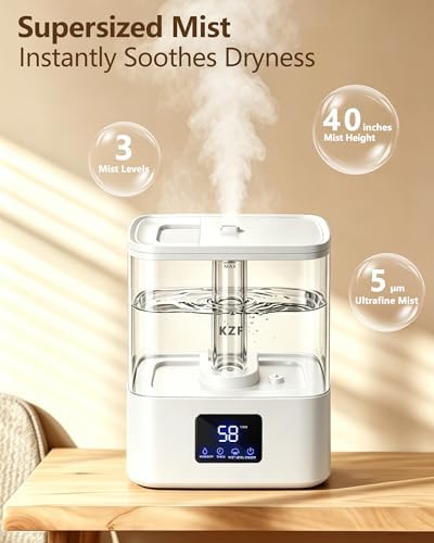 KZF 4L Top Fill Humidifiers for Bedroom & 40H Runtime - Cool Mist Humidifier, 3 Mist Levels, 8H Timer, Essential Oil Tray, Humidity Display, Quiet for Baby, Plants, Large Room (White, 4, Liters) - Image 4