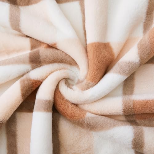 PU MEI Super Soft Faux Rabbit Fur Sherpa Fleece Throw Blanket, Reversible Luxury Cozy Cute Furry Blanket, Plush Warm Shaggy Fluffy Checkered Blankets for Sofa Couch Bed (Beige-Plaid, 60" x 80") - Image 4