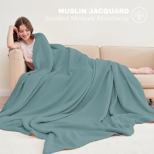 Cosy Family 100% Cotton Muslin Bed Blanket - Breathable and Lightweight Gauze Boho Blanket for Spring, Green, 80x90 Inches - Image 2