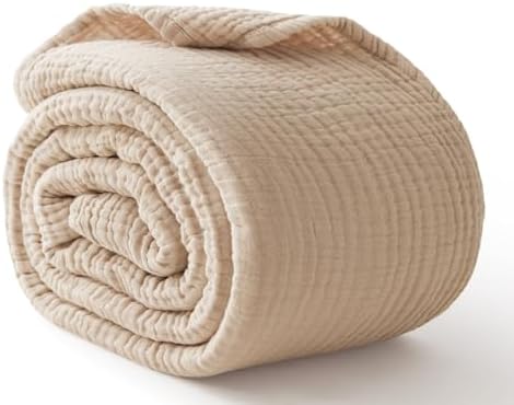 6 Layers Cotton Muslin Blankets Large, Lightweight Cotton Throw, Cooling Soft Throw Blanket for Year-Round Comfort, Breathable Quilt Bedspread, Gauze Weave Bedding for Adults, Oatmeal, Beige Linen by Kozyhvn