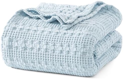 PHF Lightweight 100% Cotton Waffle Blanket for Bed, King, Sky Blue by PHF