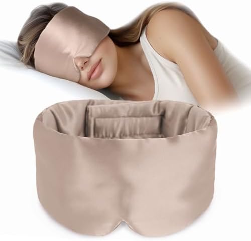 Silk Sleep Mask Soft Pressureless: 100% Mulberry Silk for Eye Skin Anti Wrinkles, Large Size for Total Blackout, Adjustable Wide Velcro Ear Cover by OLESILK