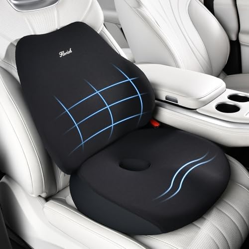 FLORICH Car Seat Cushion and Lumbar Support Pillow, Ergonomic Memory Foam Driving Seat Cushions for Back & Sciatica Pain Relief, Non-Slip Cushion for Car, Office, Truck, Wheelchair, Gaming Chair-Black by FLORICH