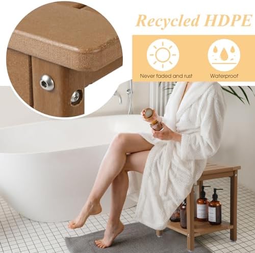 Apolimi Shower Chair, HDPE Shower Bench for Inside Shower to Sit On It, Shower Stool with Storage Shelf 2-Tier Spa Stool for Elderly,Water Resistant & Non-Slip Design Shower Seat Bench (Teak S Size) - Image 4