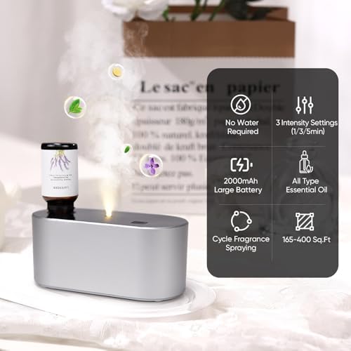 Lecdura Waterless Diffuser for Essential Oil, Battery Operated Scent Air Aromatherapy Diffuser, Mini Aroma Diffusers with 3 Intermittent Mist Modes, Cycle Start for Home Office Bedroom - Silver - Image 2