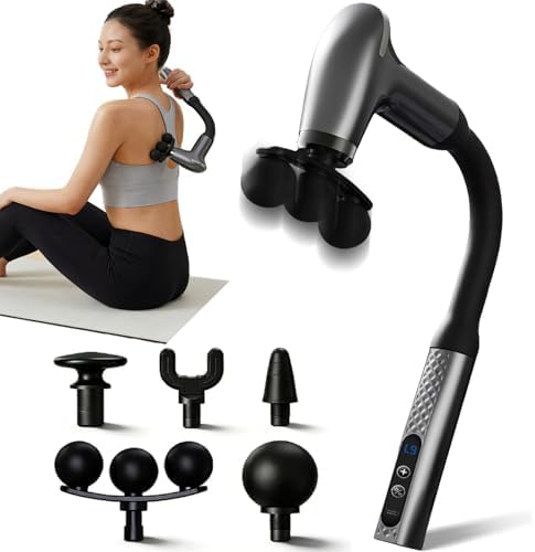 Massage Gun with Upgraded Extension Handle, Back Massager for Pain Relief Deep Tissue, 12MM Percussion Less-Shock Neck/Foot/Leg/Shoulder Massager, 9 Speed Levels & 5 Replaceable Heads (Space Silver) by Unknown