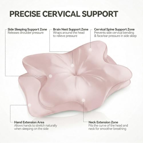 Cervical Neck Pillow for for Neck Support,Ergonomic Memory Foam Contour Pillow with Wrinkle-Resistant Silky Satin Fabric Cover,Orthopedic Bed Pillow for Side,Back,Stomach Sleepers,Pink - Image 3