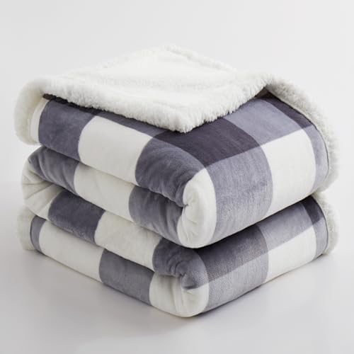 PU MEI Sherpa Blanket Fleece Throw Blanket Full Queen Plaid Thick Bed Blanket, Soft Warm Cozy Grey Checkered Throw Blanket 80"*90" - Image 6