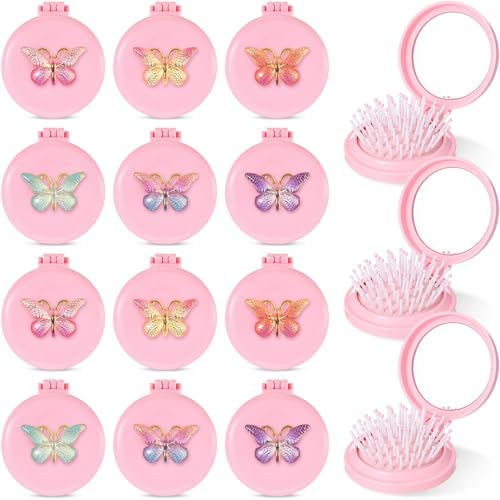 12 Pcs Pink Coquette Butterfly Mini Hair Brushes Folding Mirror Coquette Detangler Brush Bulk Round Compact Massage Scalp Comb for Purse Women Travel Team Gifts Trendy Stuff Party Favors by Yiyiring