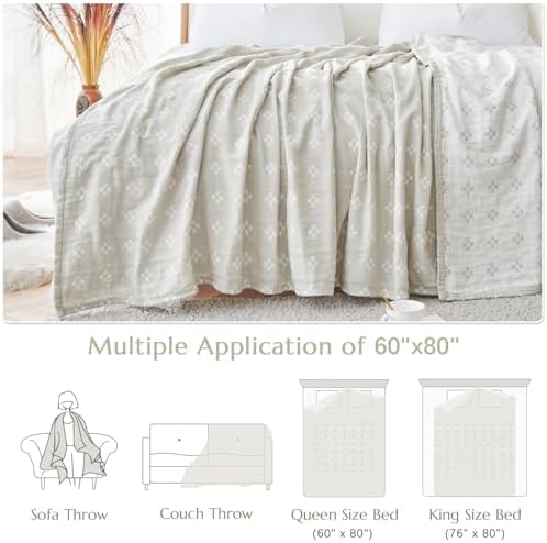 jinchan 100% Cotton Muslin Blanket Twin Boho Throw Blanket 60x80 Oatmeal - Image 5