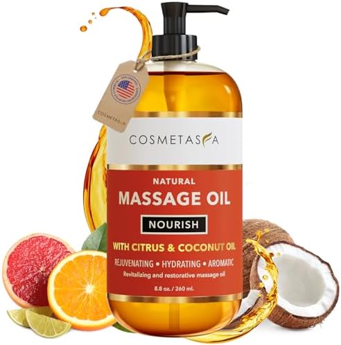 Natural Nourishing Citrus & Coconut Massage Oil- Smooth Glide, Non Greasy Therapeutic Massage Oils with Rejuvenating, Hydrating & Aromatic Essential Oils for Dry Skin, Soothes Muscle & Joints 8.8 oz by Cosmetasa