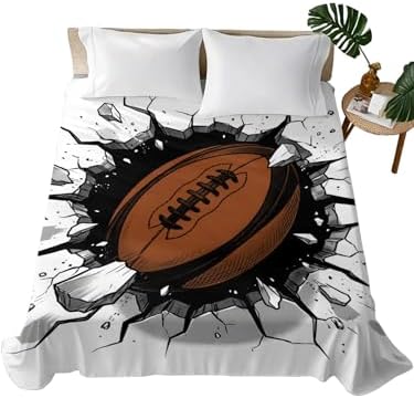 Twin Flat Sheet 3D Brown Rugby Flat Sheets Only Soft Breathable Microfiber Bedding Top Sheets Luxury Hotel Quality Football Break Through Wall Twin Bed Sheet for All Season Bedroom Dorm Home Decor by LooPoP