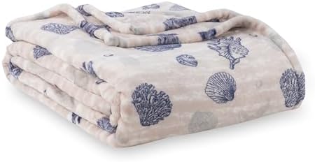 Berkshire Blanket-Classic Heavyweight Soft Printed VelvetLoft® Plush Blanket, Full/Queen Size Soft Fuzzy Warm Blanket for Couch Sofa Bed, Classic Shells Navy, 90in x 90in by BerkshireHomeCompany