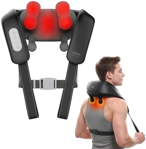 Cordless Shiatsu Neck and Back Massager with Heat, 10 Mins x 12 Uses, 3 Massage Modes & 2 Intensity Levels, 3D Kneading Deep Tissue for Pain Relief, Voice Prompt & Smart Memory, Relax for Women, Men by ibreo