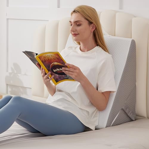 BIEEZZK Wedge Pillow, Adjustable Back Pillow for Sleeping, 9&12“ Bed Wedge Pillow Set for After Surgery, Triangle Memory Foam Pillow Wedges for Headboard, Acid Reflux, Snoring, GERD, White/Grey by EnjoyaBetterLifeFromHere