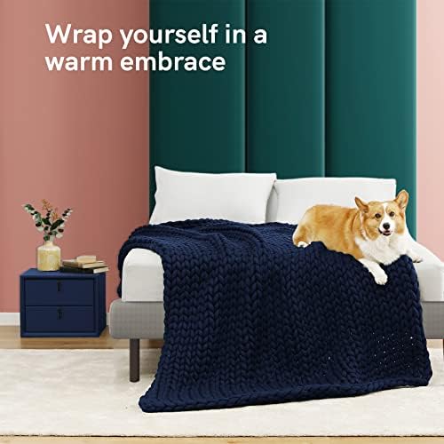 YnM Knitted Weighted Blanket, Hand Made Chunky Knit Weighted Throw Blanket for Sleep, Stress or Home Décor (Navy, 60''x80'' 15lbs), Suit for One Person(~140lb) Use on Twin/Full Bed - Image 3