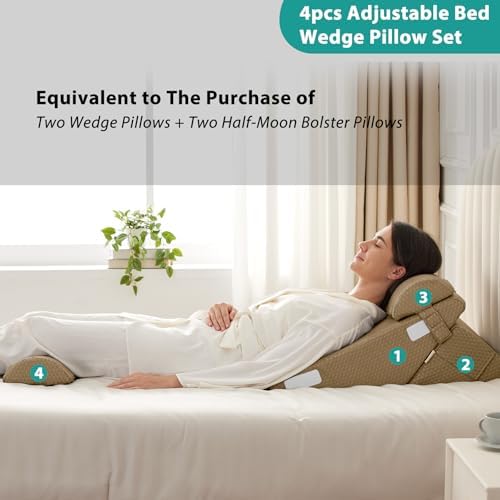 Bedluxe Adjustable 4pcs Bed Wedge Pillow Set, Memory Foam Wedges Pillow Post Surgery for Back, Neck, Leg Pain Relief, Pillows Wedge for Sleeping, Sitting up in Bed, Acid Reflux and GERD, Brown - Image 6