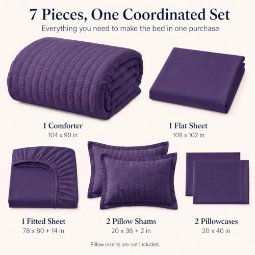 CozyLux King Size Comforter Set, 7 Pieces Purple Seersucker Bed in a Bag - Image 2