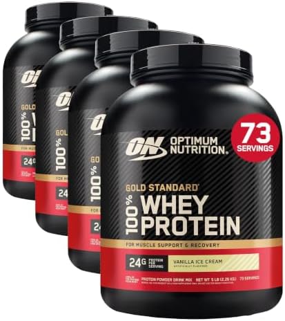 Optimum Nutrition Gold Standard 100% Whey Protein Powder, Vanilla Ice Cream, 5 Pound (Packaging May Vary) (Pack of 4) by OPTIMUMNUTRITION